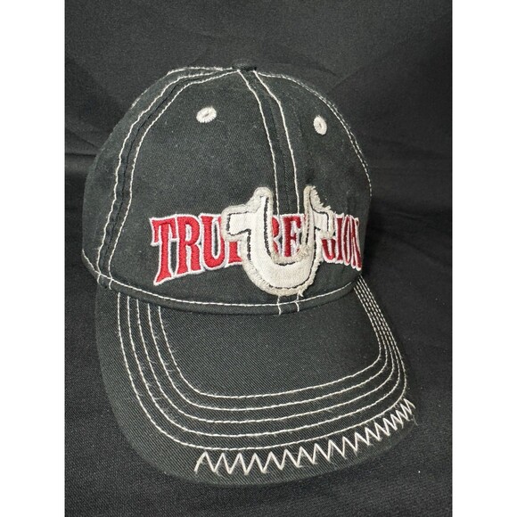 True Religion Embroidered Horseshoe Baseball Black Cap Hat Logo Spellout GUC - Picture 5 of 8
